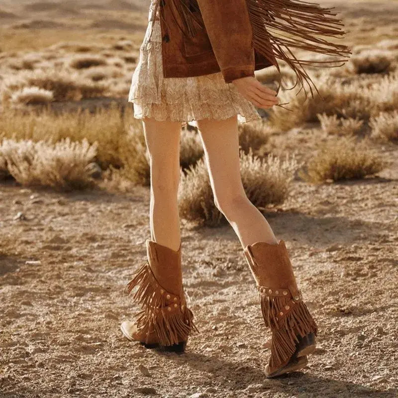 Vintage Boho Fringe Faux Suede Mid-Calf Western Boots