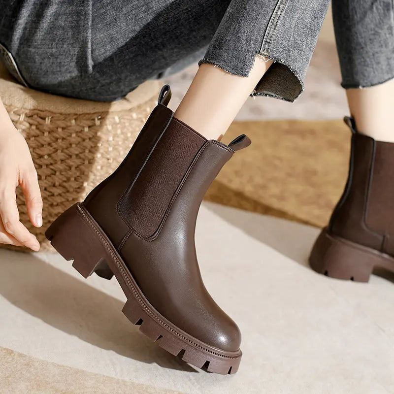 Vintage Sleek Chunky Platform Faux Leather Chelsea Boots