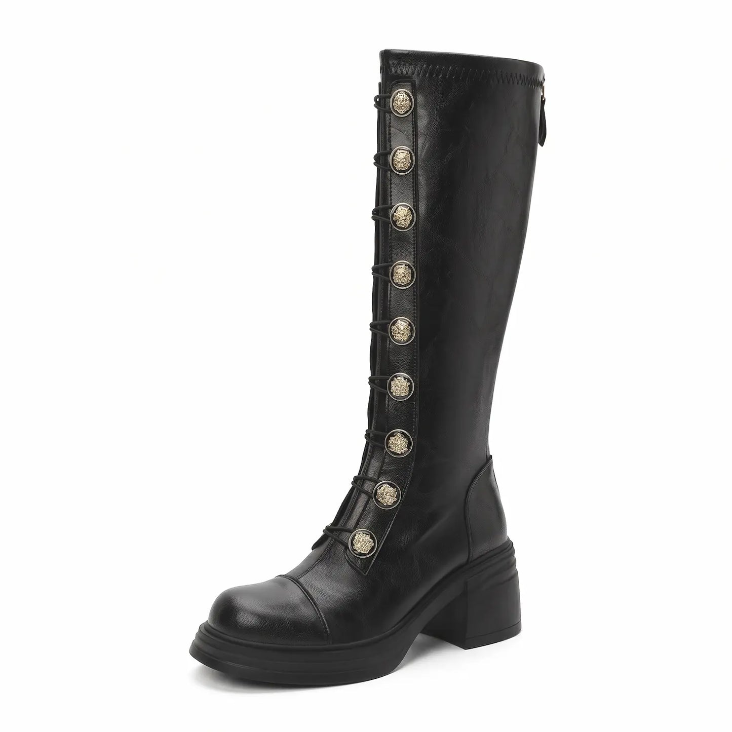 Vintage Button-Front Chunky Faux Leather Tall Boots
