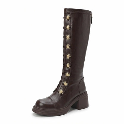 Vintage Button-Front Chunky Faux Leather Tall Boots