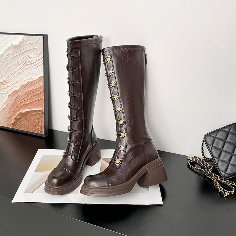 Vintage Button-Front Chunky Faux Leather Tall Boots