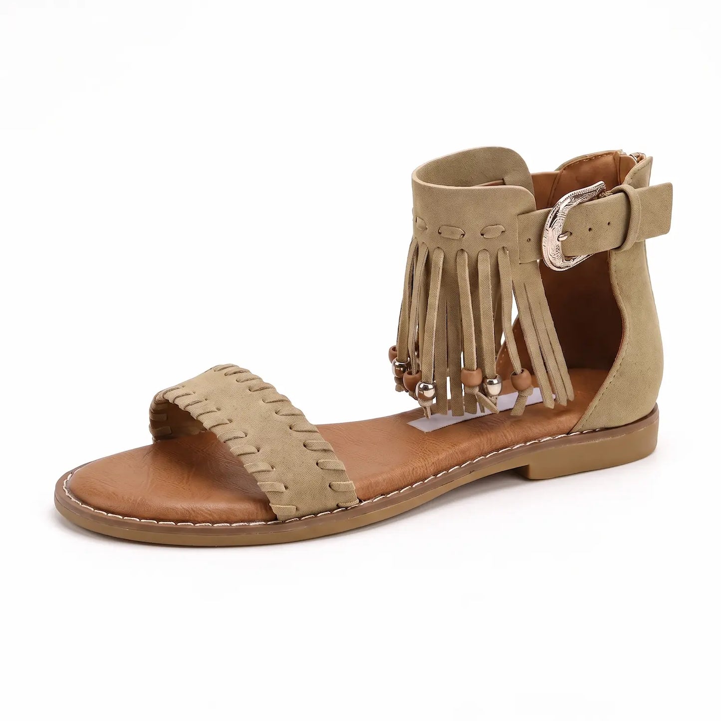 Boho Western Vegan Leather Beaded Fringe Flat Sandals