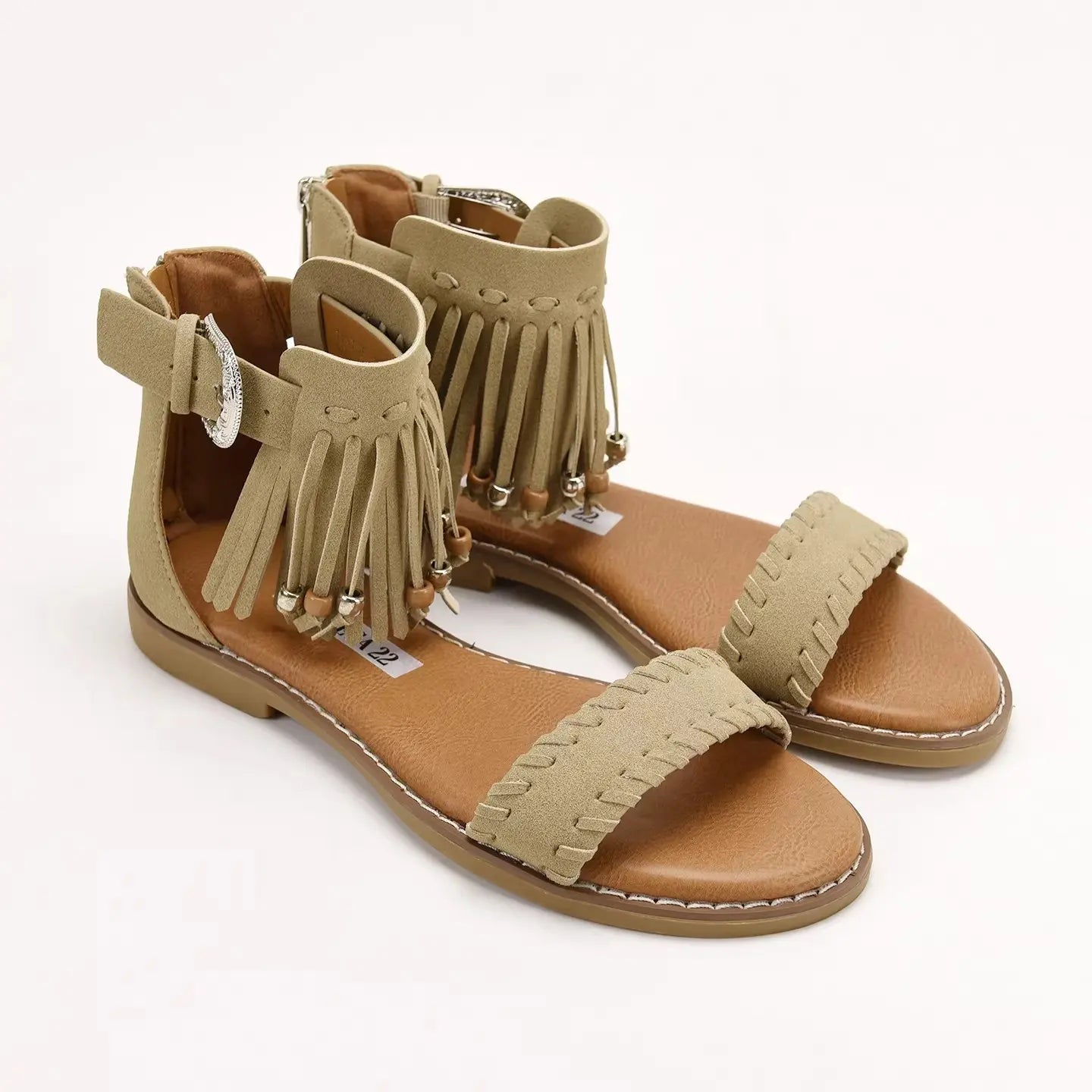 Boho Western Vegan Leather Beaded Fringe Flat Sandals