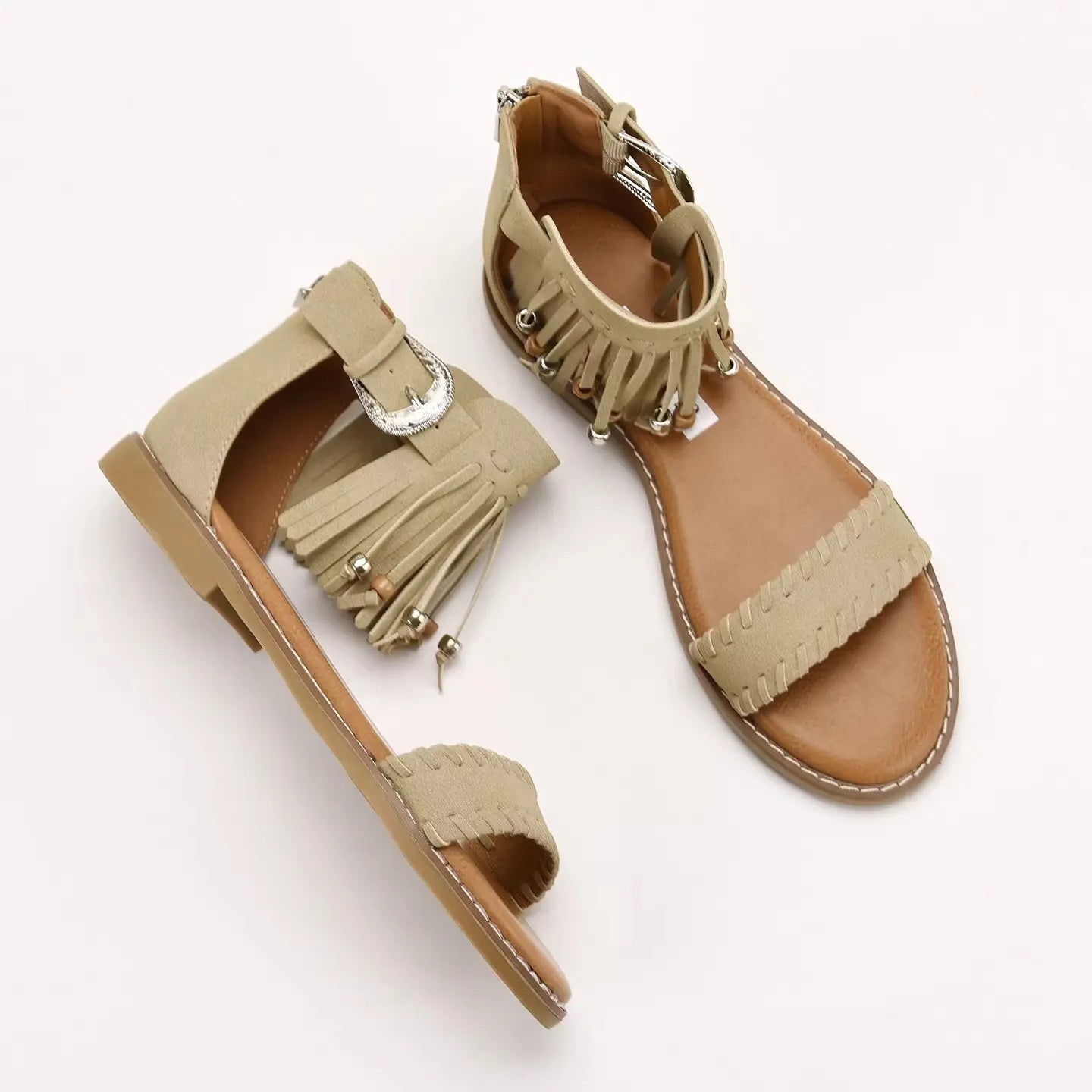 Boho Western Vegan Leather Beaded Fringe Flat Sandals