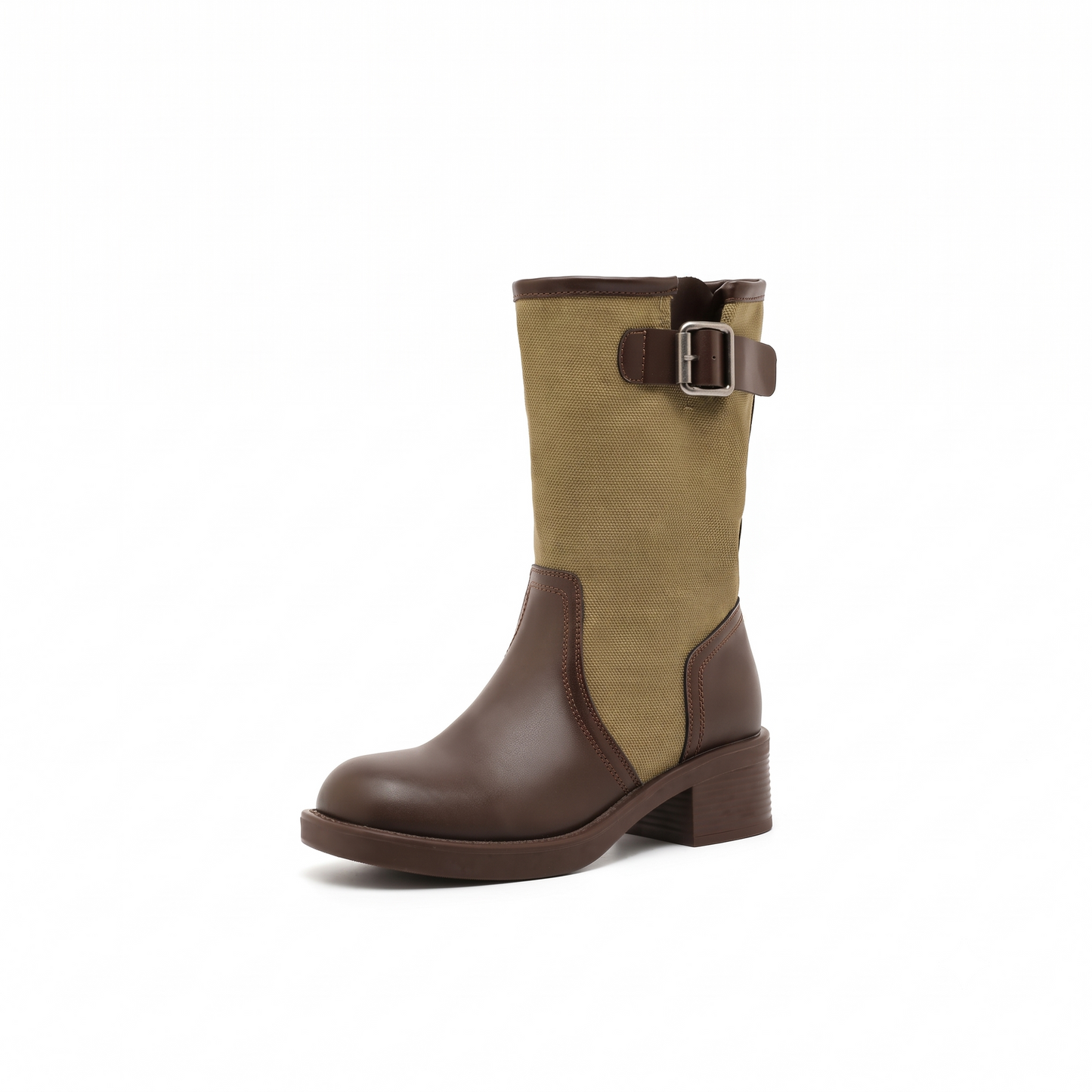 Two-Tone Canvas Spliced Buckle Mid-Calf Chunky Boots