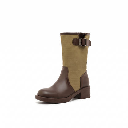 Two-Tone Canvas Spliced Buckle Mid-Calf Chunky Boots