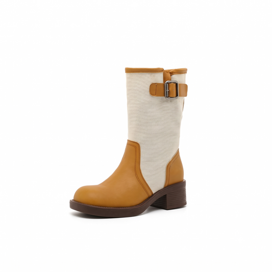 Two-Tone Canvas Spliced Buckle Mid-Calf Chunky Boots