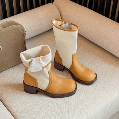 Two-Tone Canvas Spliced Buckle Mid-Calf Chunky Boots