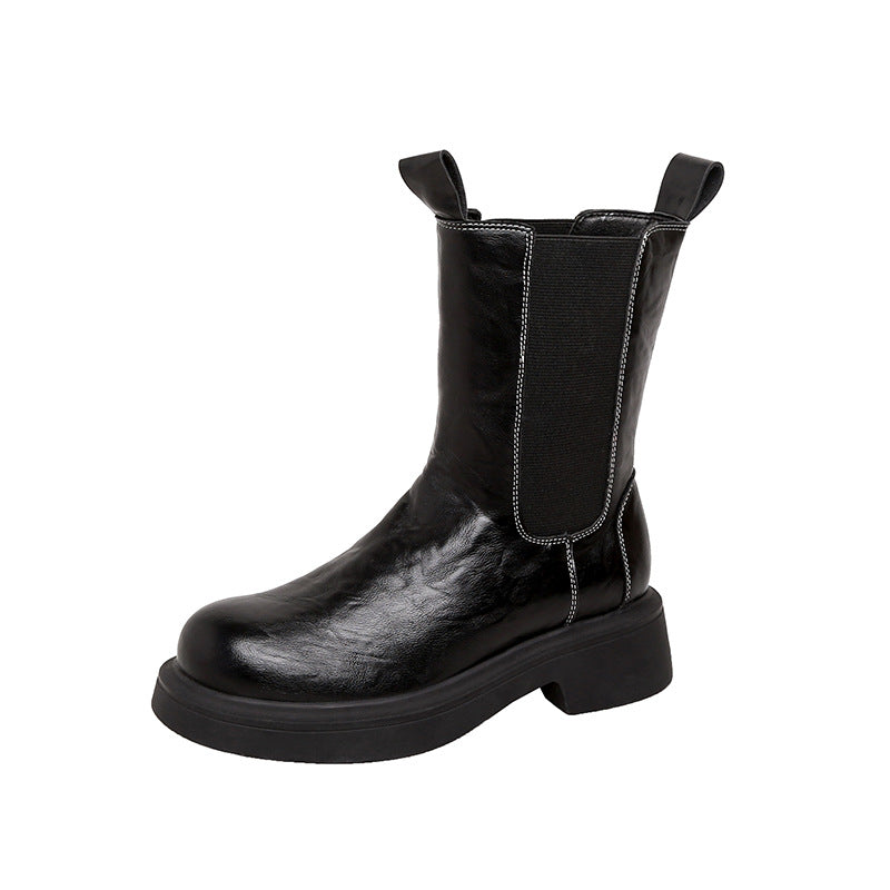 Genuine Leather Mid-Calf Chunky Chelsea Boots