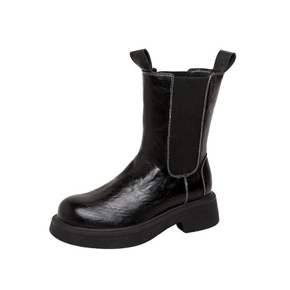 Genuine Leather Mid-Calf Chunky Chelsea Boots