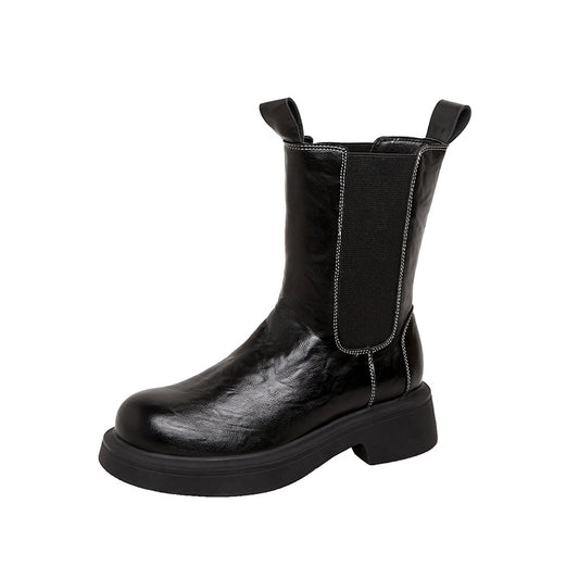 Genuine Leather Mid-Calf Chunky Chelsea Boots