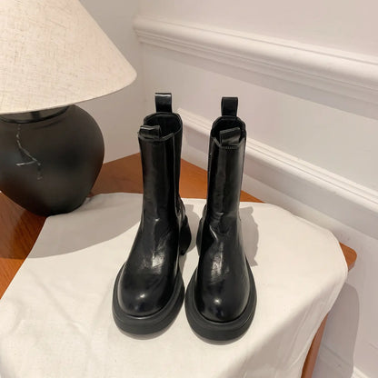 Genuine Leather Mid-Calf Chunky Chelsea Boots
