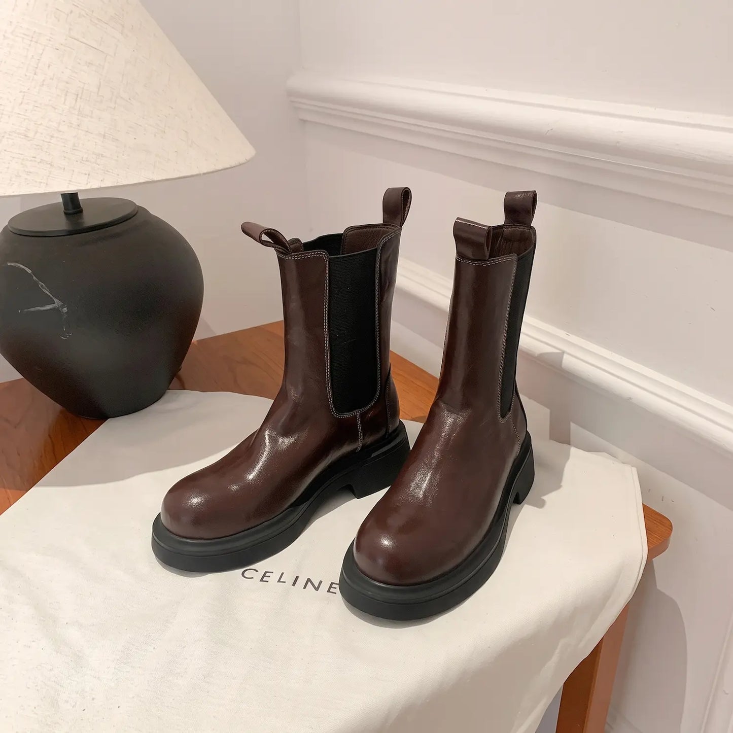Genuine Leather Mid-Calf Chunky Chelsea Boots
