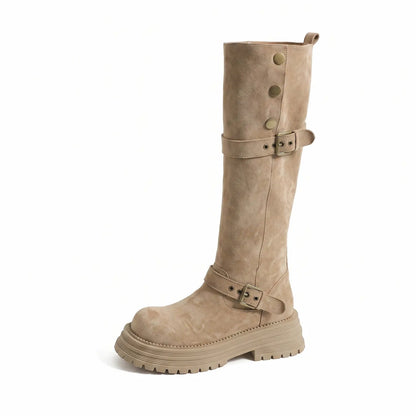 Retro Moto Faux Suede Chunky Mid-Calf Buckle Boots