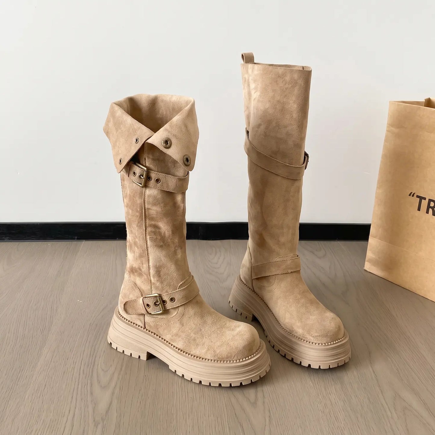 Retro Moto Faux Suede Chunky Mid-Calf Buckle Boots