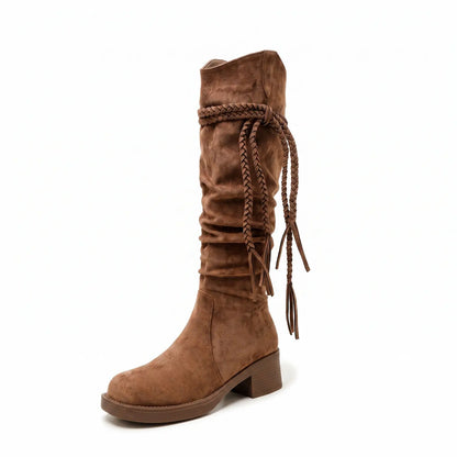 Boho Braided Fringe Slouchy Faux Suede Tall Boots