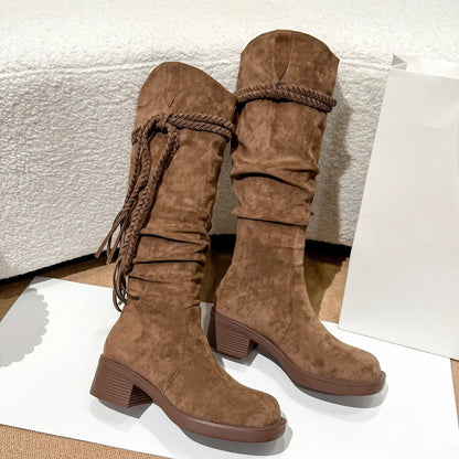 Boho Braided Fringe Slouchy Faux Suede Tall Boots
