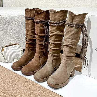 Boho Braided Fringe Slouchy Faux Suede Tall Boots