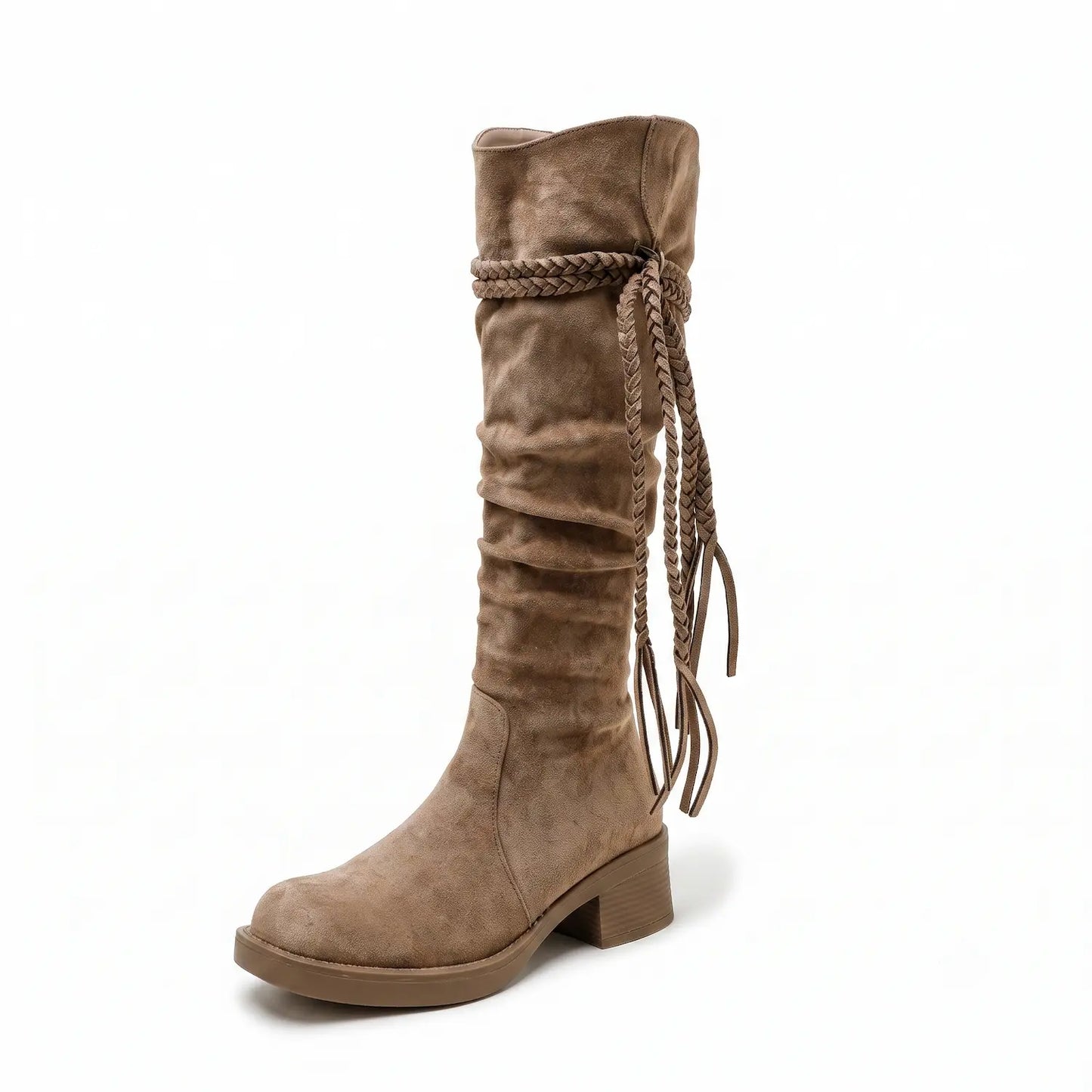 Boho Braided Fringe Slouchy Faux Suede Tall Boots