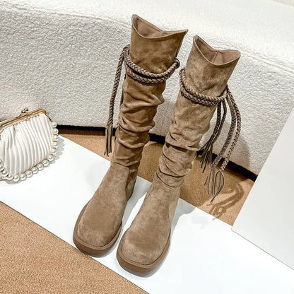 Boho Braided Fringe Slouchy Faux Suede Tall Boots