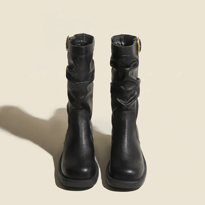 Genuine Leather Slouchy Square Toe Mid-Calf Boots