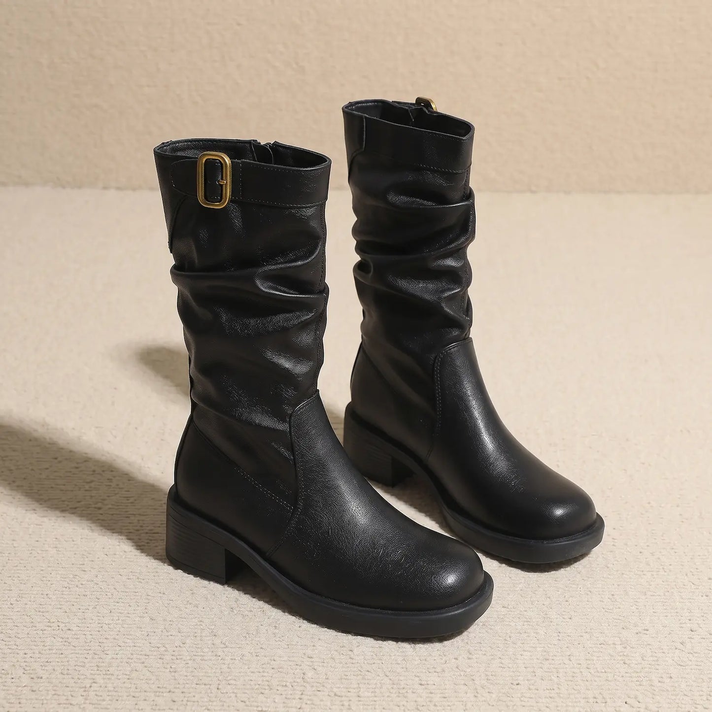 Genuine Leather Slouchy Square Toe Mid-Calf Boots