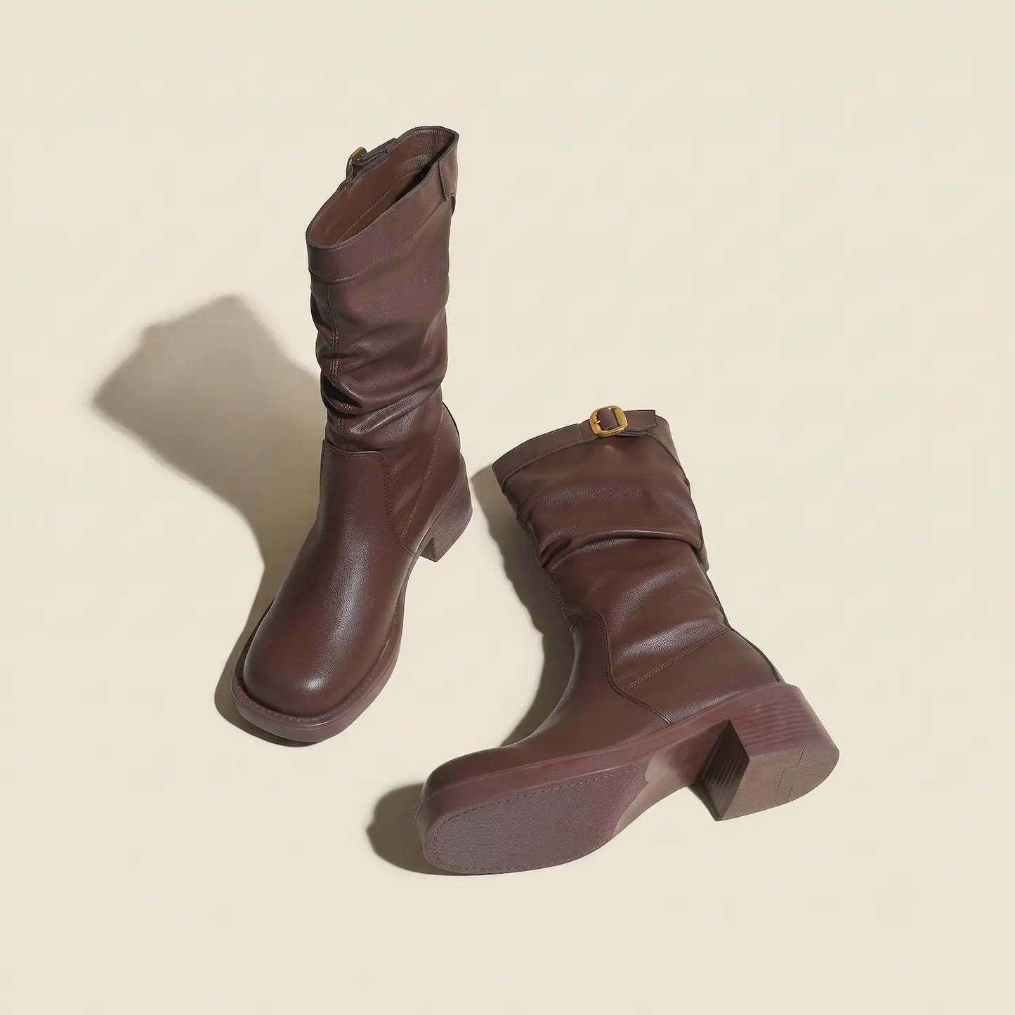 Genuine Leather Slouchy Square Toe Mid-Calf Boots