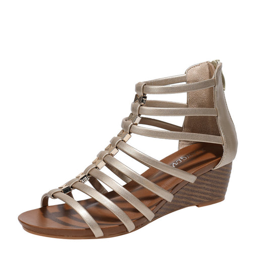 Strappy Caged Gladiator Wedge Sandals With Back Zipper