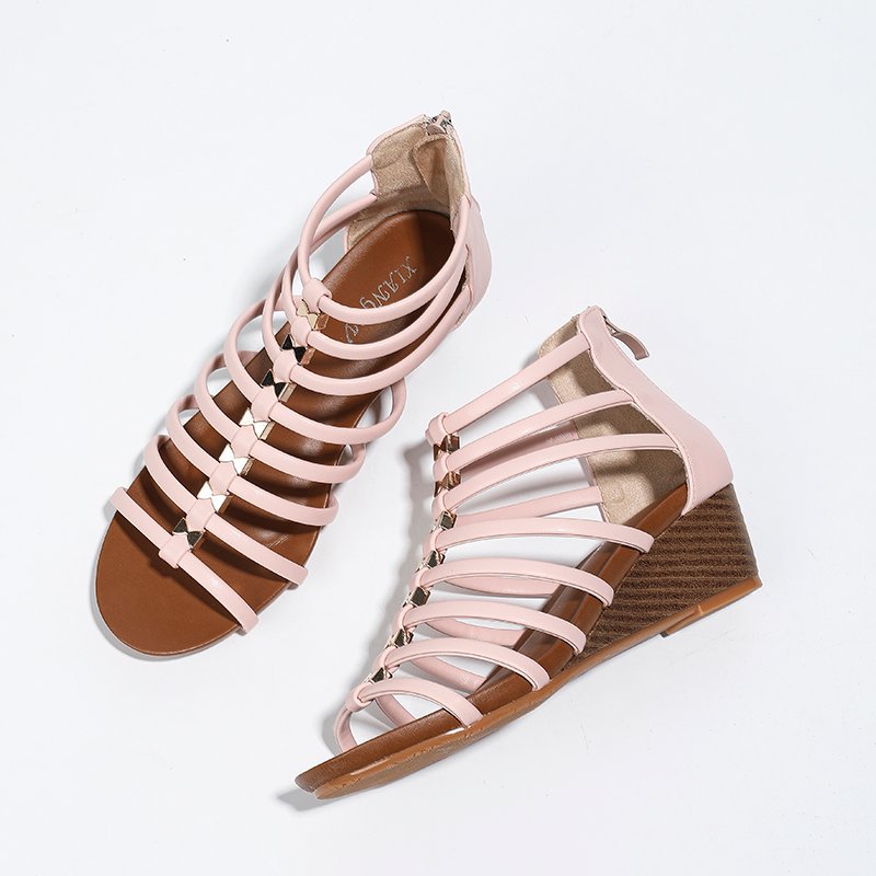 Strappy Caged Gladiator Wedge Sandals With Back Zipper