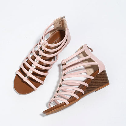 Strappy Caged Gladiator Wedge Sandals With Back Zipper