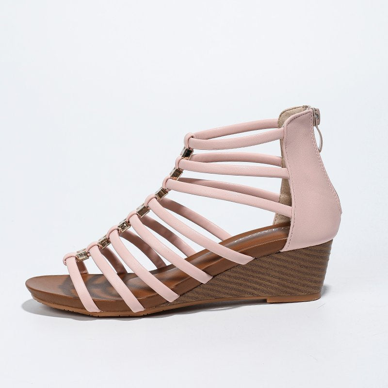Strappy Caged Gladiator Wedge Sandals With Back Zipper
