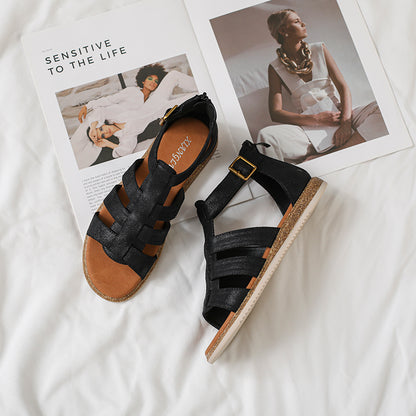 Retro Strappy Flat Caged Gladiator Sandals with Zip Back