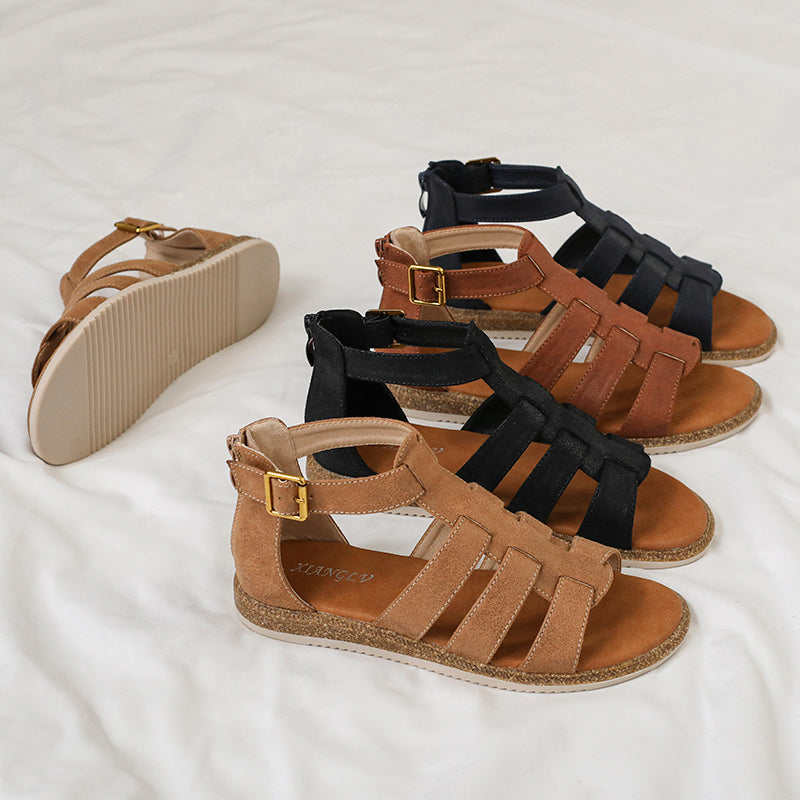 Retro Strappy Flat Caged Gladiator Sandals with Zip Back