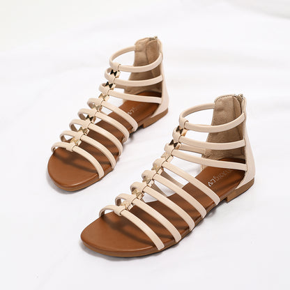 Retro Flat Caged Gladiator Sandals with Metal Bow Studs