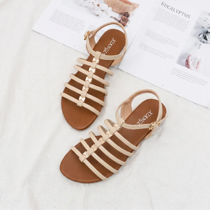 Vintage Caged Gladiator Low Wedge Ankle Buckle Sandals