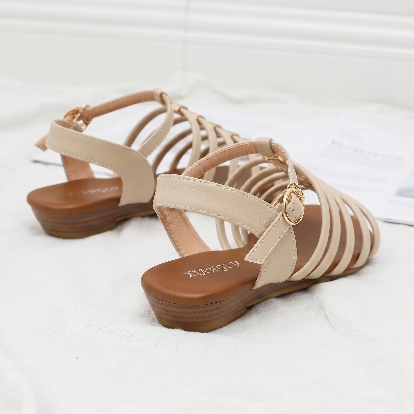 Vintage Caged Gladiator Low Wedge Ankle Buckle Sandals