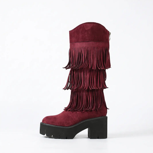 Boho Layered Fringe Platform Mid-Calf Boots