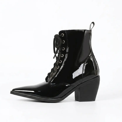 Vintage Patent Lace-Up Pointed Toe Ankle Boots