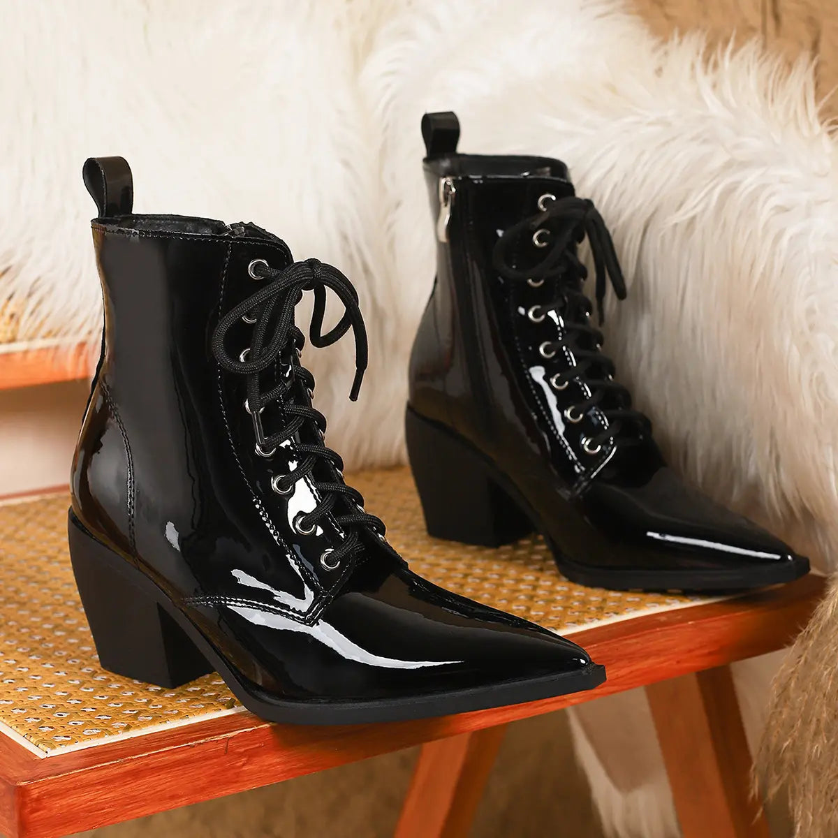 Vintage Patent Lace-Up Pointed Toe Ankle Boots