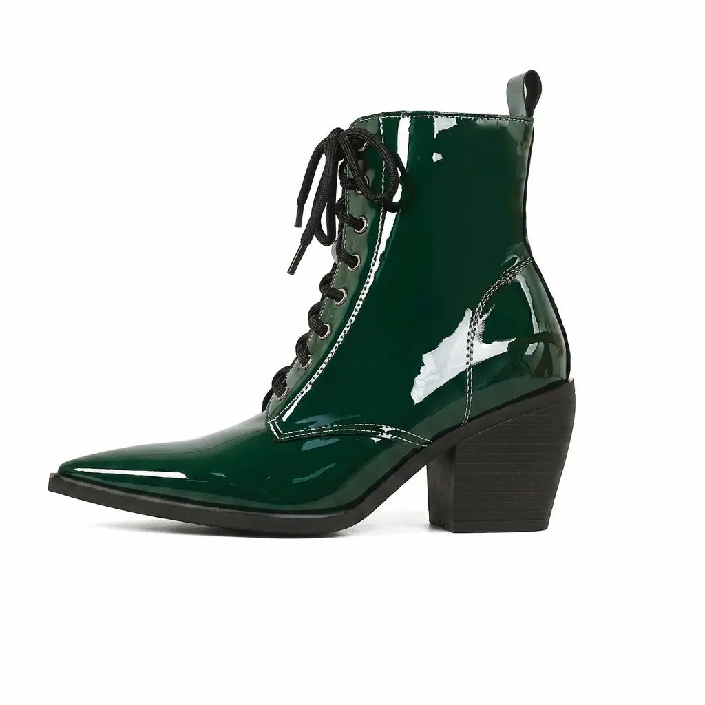 Vintage Patent Lace-Up Pointed Toe Ankle Boots