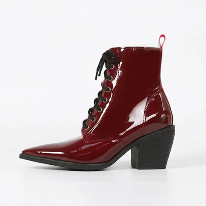 Vintage Patent Lace-Up Pointed Toe Ankle Boots