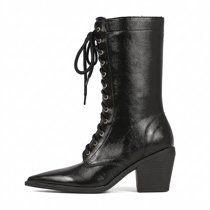 Victorian Lace-Up Pointed Toe Chunky Mid-Calf Boots