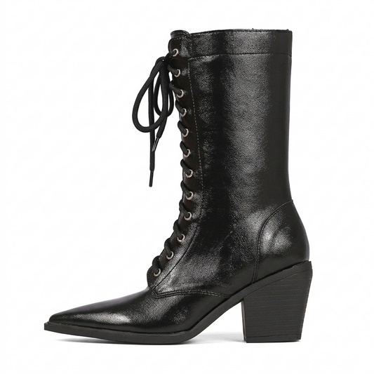 Victorian Lace-Up Pointed Toe Chunky Mid-Calf Boots