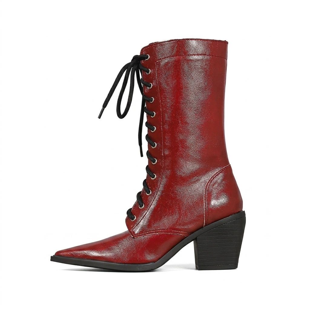 Victorian Lace-Up Pointed Toe Chunky Mid-Calf Boots