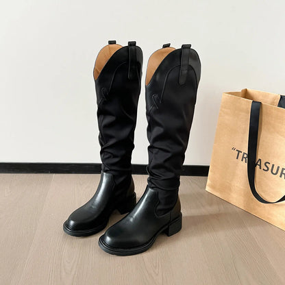Vintage Spliced Western Block Heel Slouch Boots