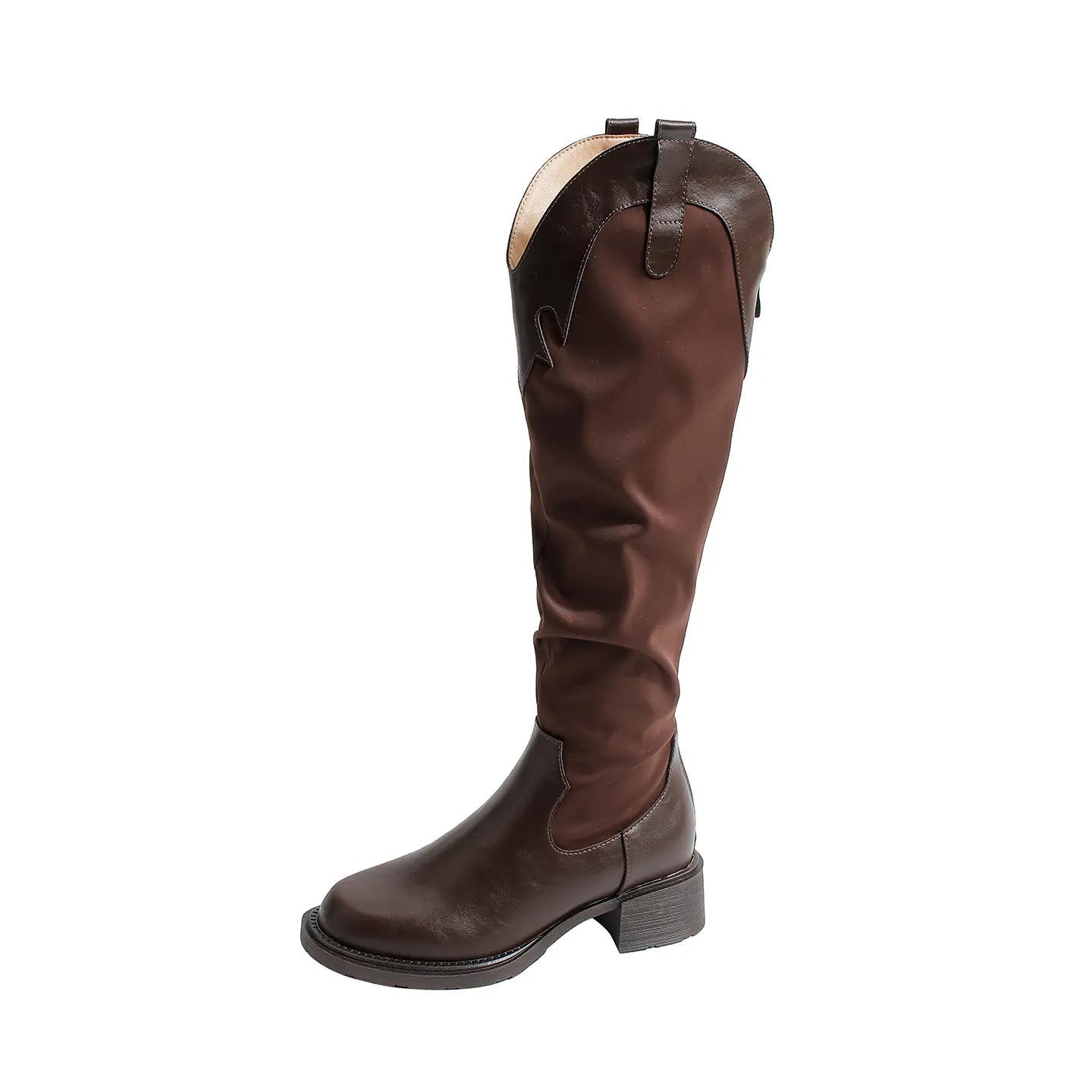 Vintage Spliced Western Block Heel Slouch Boots