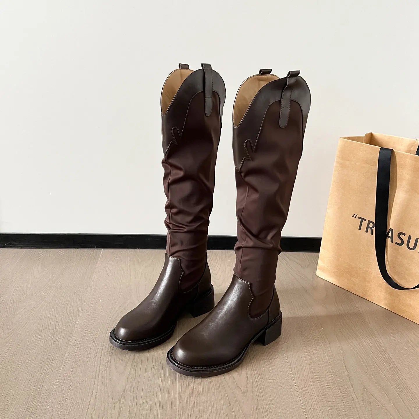 Vintage Spliced Western Block Heel Slouch Boots