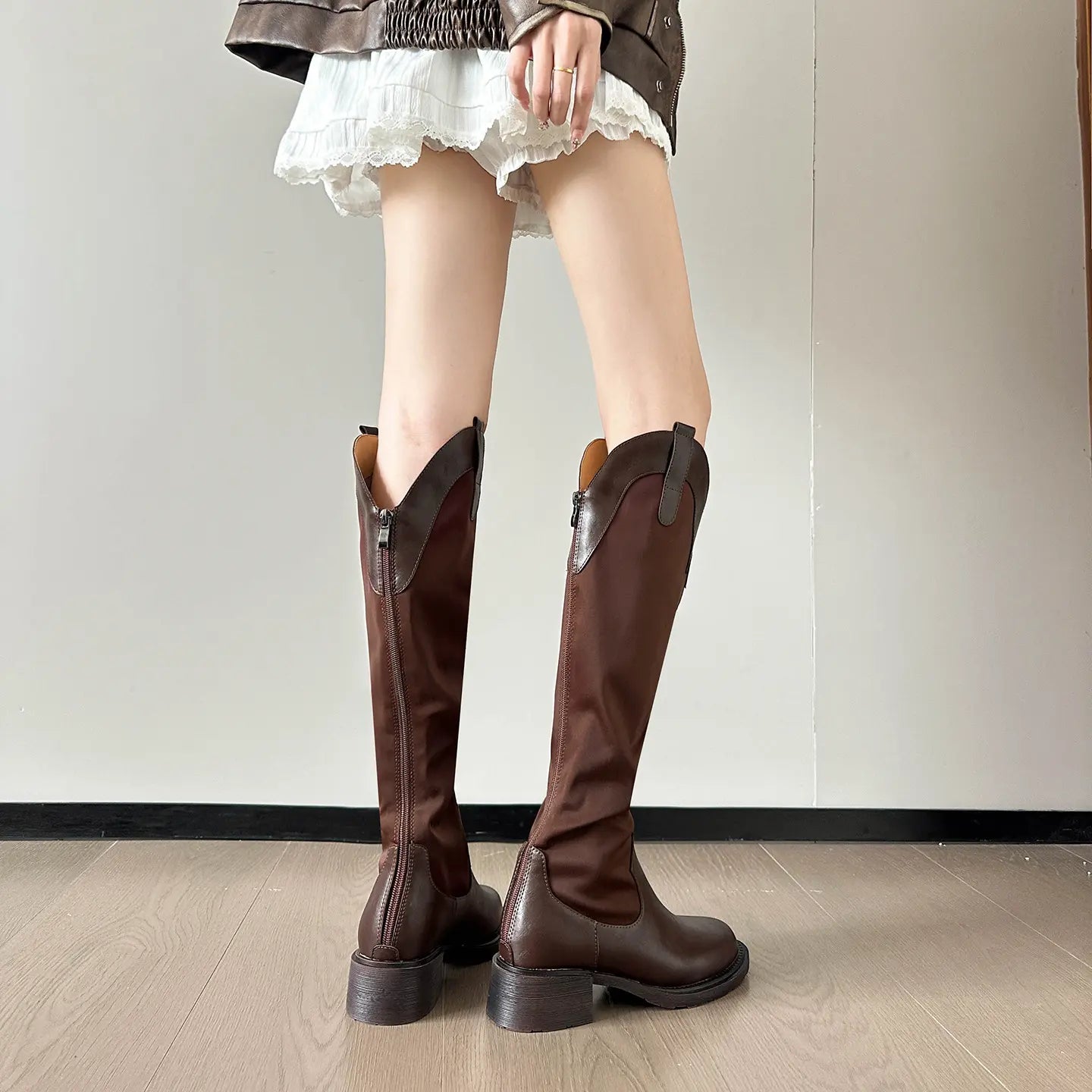 Vintage Spliced Western Block Heel Slouch Boots