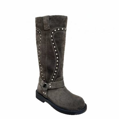 Vintage Studded Harness Knee-High Biker Boots