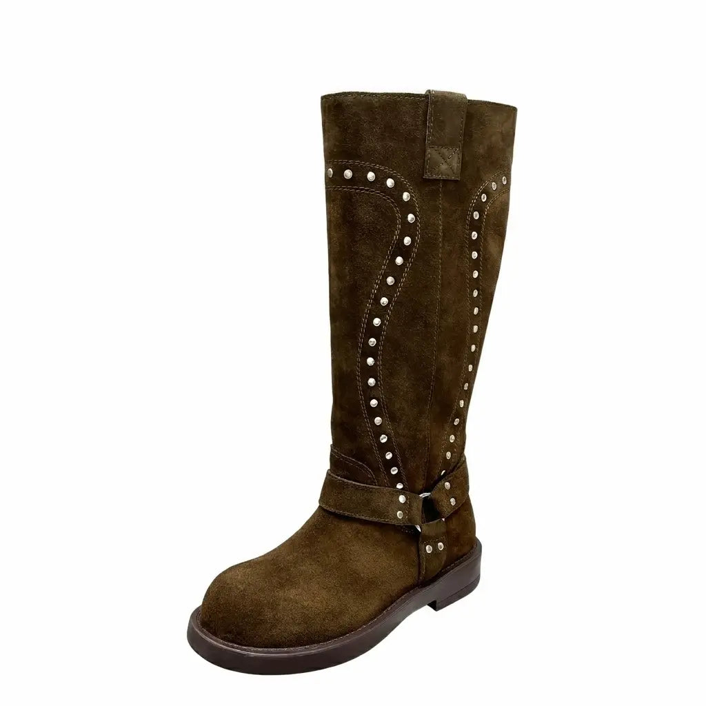 Vintage Studded Harness Knee-High Biker Boots